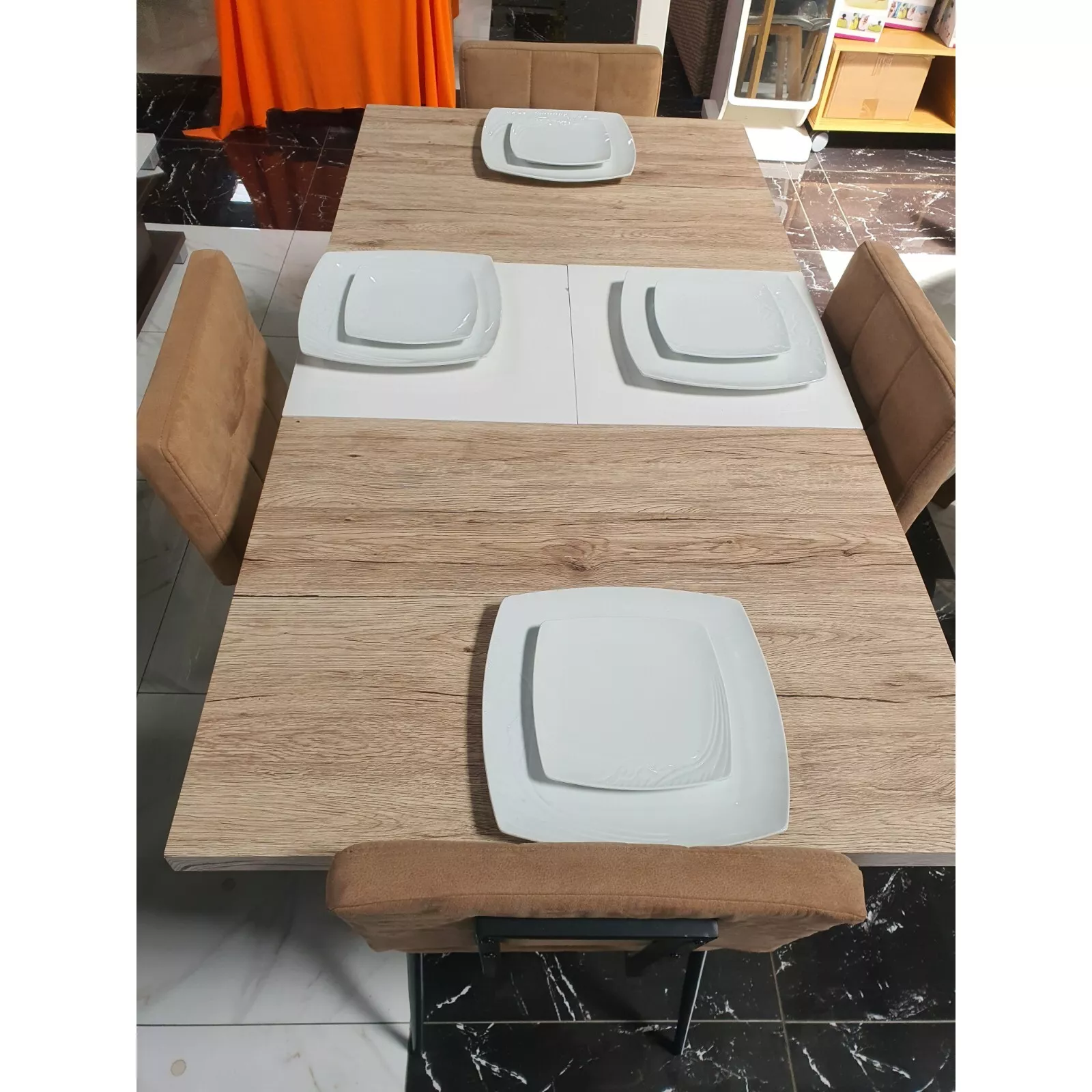 Extendable Dining Table Set with 4 Suede Chairs
